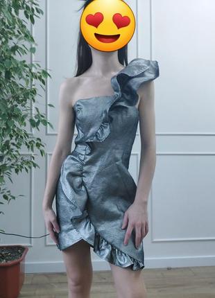 Вечірня срібна сукня міні коротка вечернее серебряное платье мини короткое на одне плече2 фото