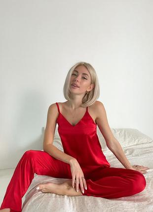 Женская шелковая пижама 5ка (халат + майка + шорты + брюки + ночная рубашка) l красный8 фото