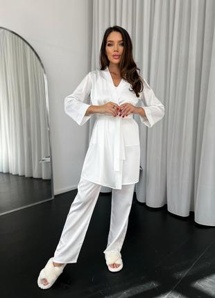 Женская шелковая пижама 5ка (халат + майка + шорты + брюки + ночная рубашка) s белый4 фото