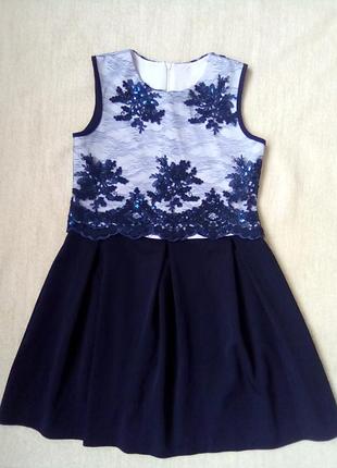 Нарядное синее платье на девочку со снежинками на рост 158