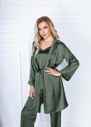 Женская шелковая пижама 5ка (халат + майка + шорты + брюки + ночная рубашка) m зеленый7 фото