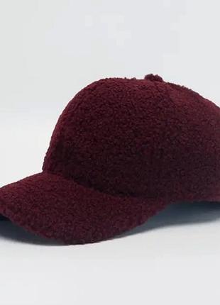 Хутряна бейсболка, кепка тепла тедді, баранець бордова зимова шапка плюшева марсала червона
