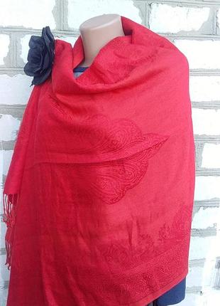 Яркий красный шарф палантин с узором шелк кашемир3 фото