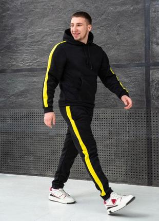 Мужской зимний спортивный костюм черный с лампасами однотонный комплект худи + штаны на флисе (b)