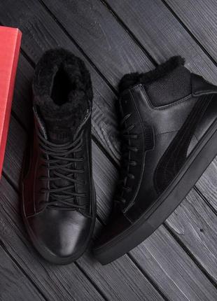 Мужские зимние кожаные ботинки puma black leather6 фото