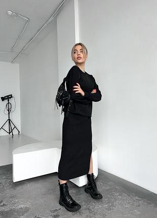 Костюм женский с юбкой двойка теплый на зиму (кофта + юбка) черный, серый, таш светло-бежевый, синий