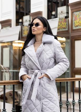 Зимнее серое женское теплое классическое стеганное пальто, плащ с капюшоном мичиган4 фото