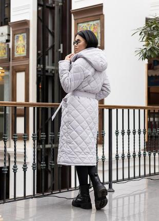 Зимнее серое женское теплое классическое стеганное пальто, плащ с капюшоном мичиган3 фото