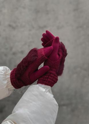 Бордовые перчатки с натуральным мехом