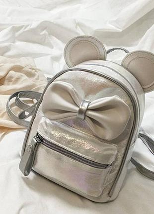 Маленький дитячий рюкзак міккі маус з вушками і бантиком, міні рюкзак для дівчаток блискучий з вухами