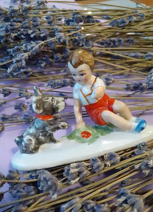 1950-е! 🎠 мальчик с собачкой німеччина гдр винтаж статуэтка фарфор ручная роспись на...