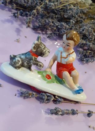 1950-е! 🎠 мальчик с собачкой німеччина гдр винтаж статуэтка фарфор ручная роспись на...