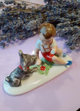 1950-е! 🎠 мальчик с собачкой німеччина гдр винтаж статуэтка фарфор ручная роспись на...