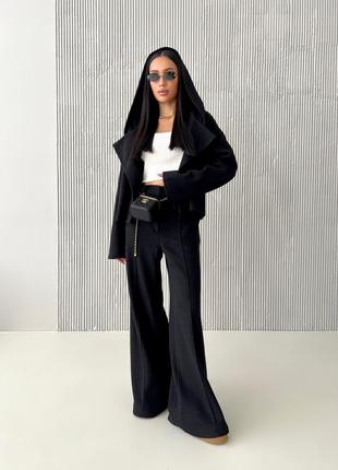 Жакет женский оверсайз, трикотажный, ангора хлопок, с капюшоном, пиджак укороченный, черный8 фото