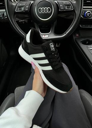 Женские кроссовки adidas originals iniki fleece termo black white stripes gum2 фото