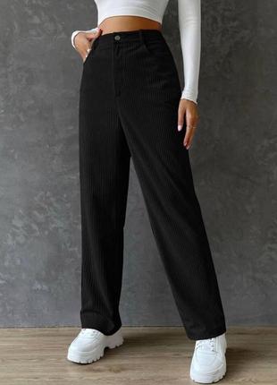 Вельветовые брюки на высокой посадке прямые свободного кроя брюки стильные базовые черные бежевые1 фото