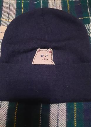 Темно синяя шерстяная шапка с котом ripndip универсальный размер3 фото
