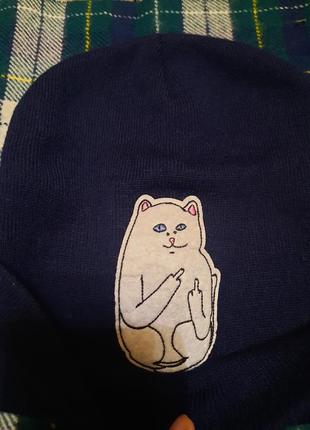 Темно синяя шерстяная шапка с котом ripndip универсальный размер1 фото