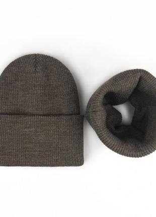 Теплый набор рубчик шапочка с флисом и хомут, вязанная шапка с отворотом и снуд, комплект на флисе шапка с хомутом5 фото