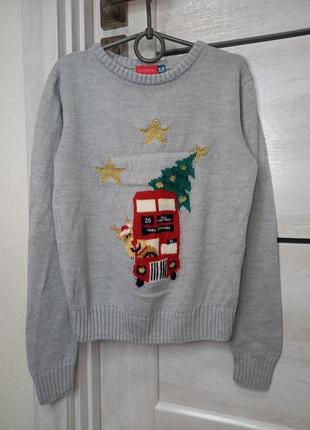 Нарядний новорічний на новий рік светр світер світшот кофта з оленем сірий для дівчинки 9-10 років