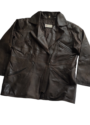Стильная винтажная удлиненная оверсайз куртка косуха из натуральной кожи