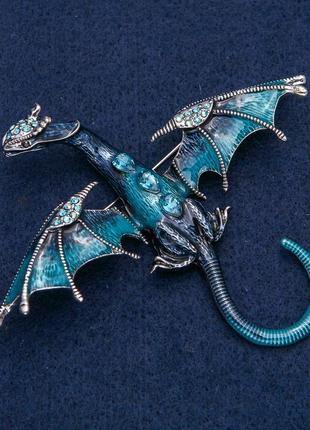 Брошь синий дракон с кристалллами