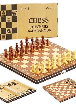 Набір 3в1 шахи, шашки, нарди, магнітні, дерев'яна дошка, дерев'яні фігури, в кор., розмір поля 29*29*2см. (с45103)1 фото