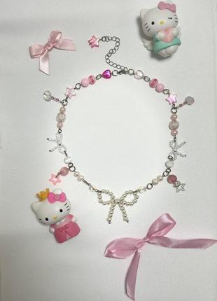 Cute anime style розовое handmade ожерелье с бантиками