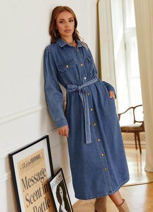 Джинсовое платье-рубашка синее длины миди &lt;unk&gt; 746921 фото