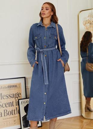 Джинсове плаття-сорочка синє довжини міді | 746924 фото