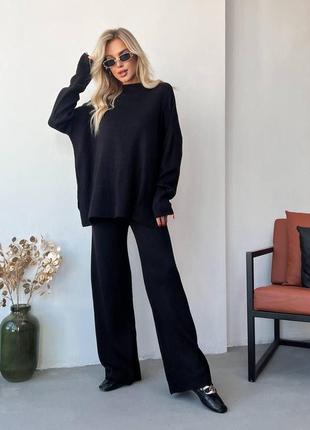 Модный стильный женский прогулочный теплый костюм двойка свитер и брюки черного цвета в универсальном размере