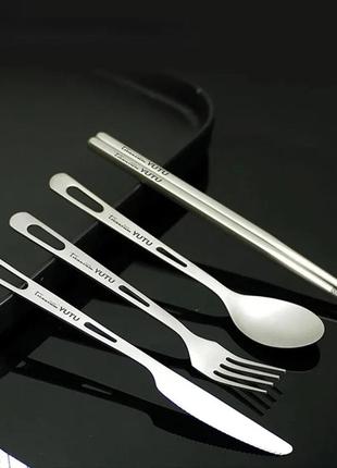 Туристичний набір столових приладів з титану: ложка, виделка, китайські палички, ніж yutu4 фото