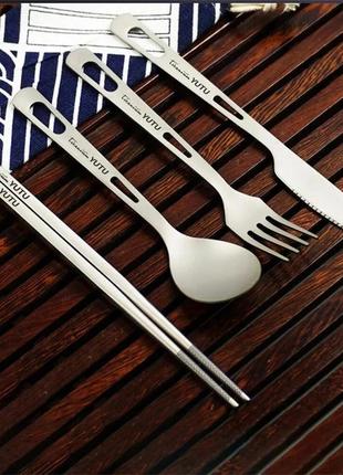 Туристичний набір столових приладів з титану: ложка, виделка, китайські палички, ніж yutu3 фото