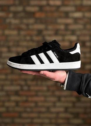 Мужские зимние кроссовки adidas campus замшевые черные с белым адидас кампус на меху (bon)