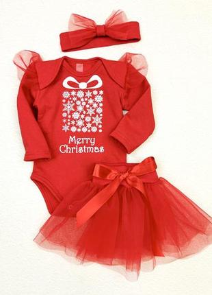 Комплект новорічний для дівчинки , боді , юбка та повязка , 68 - 86 см