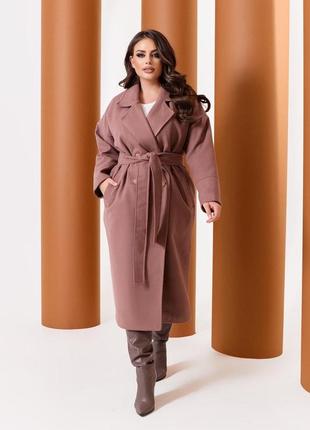 Женское пальто из кашемира на подкладке с поясом цвета капучино р.48/50 3761121 фото