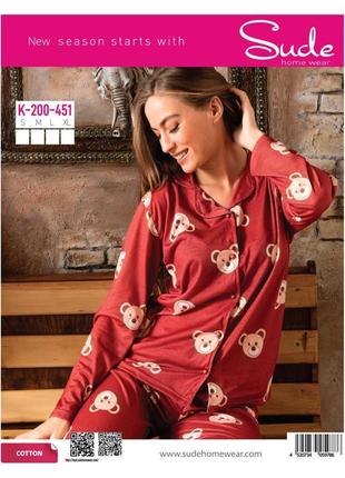 Женская тонкая хлопковая пижама на пугвицах мишки sude турция, коричневый