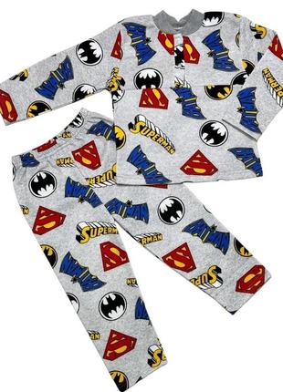 Теплая детская пижама с начесом 92-146р, теплая байковая пижама бэтмен, хлопковая трикотажная пижама, супермен, динозавр, барби, мики маус4 фото