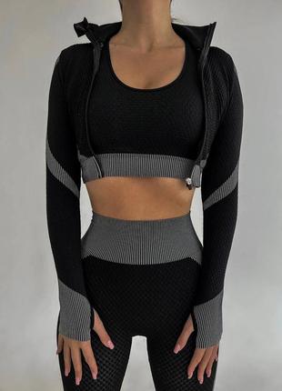 Бесшовный костюм для фитнеса, тренировок 3 в 1 honeycomb черно-серый (топ, рашгард, леггинсы) без пушап