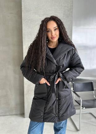 Куртка курточка пальто черная с поясом теплая зимняя на флисовой подкладке2 фото