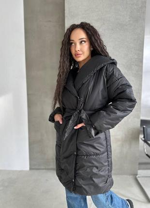 Куртка курточка пальто черная с поясом теплая зимняя на флисовой подкладке5 фото