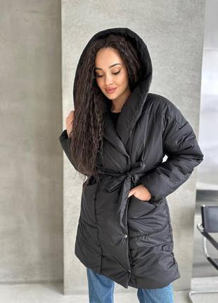 Куртка курточка пальто черная с поясом теплая зимняя на флисовой подкладке6 фото