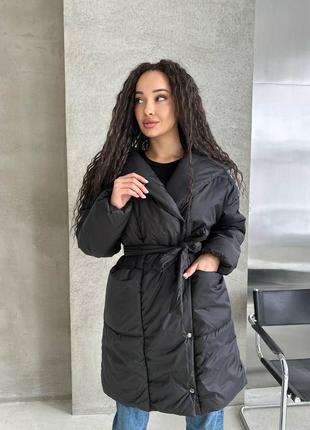 Куртка курточка пальто черная с поясом теплая зимняя на флисовой подкладке4 фото