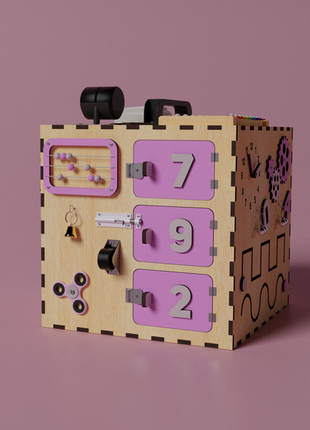 Дерев'яна розвиваюча іграшка бізікуб, бізібордtinyhands 30х30х30, pink-grey