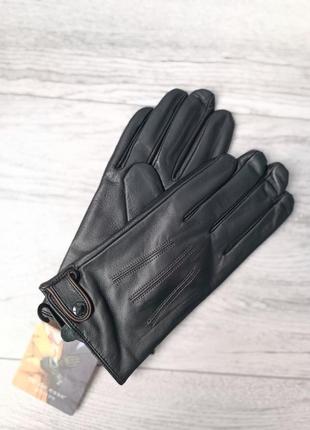 Перчатки мужские сенсорные на шерсти кожаные черные с кнопкой