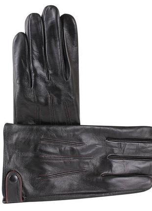 Перчатки мужские сенсорные на шерсти кожаные черные с кнопкой3 фото