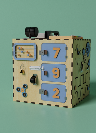 Деревянная развивающая игрушка бизикуб, бизибордtinyhands 30х30х30, orange-blue1 фото