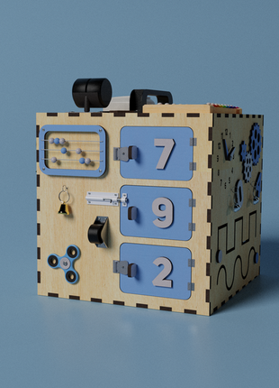 Деревянная развивающая игрушка бизикуб, бизиборд tinyhands 30х30х30, blue-grey1 фото