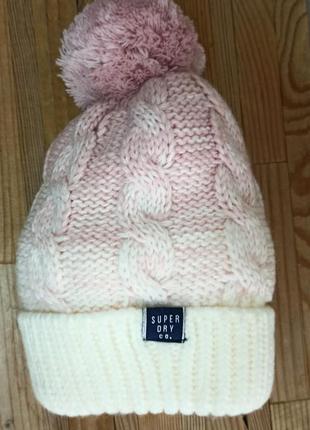 Superdry шапка жіноча в'язана на хутрі оригінал біло рожева