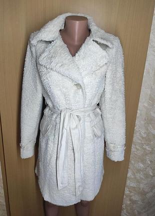 Біла, кремова, молочна бежева штучна еко шуба теді під пояс пальто